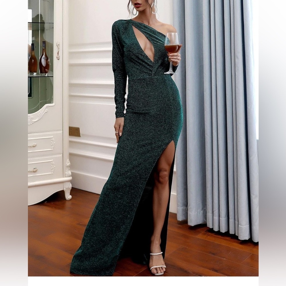 Sparkling Teal and Black dress split off shoulder medium nwt green